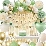 Geburtstagsdeko Grün, Happy Birthday Deko Geburtstag Mädchen Junge mit Grün Gold Luftballons Geburtstag Party Deko, Happy Birthday Girlande, Pompons für Mann Frauen