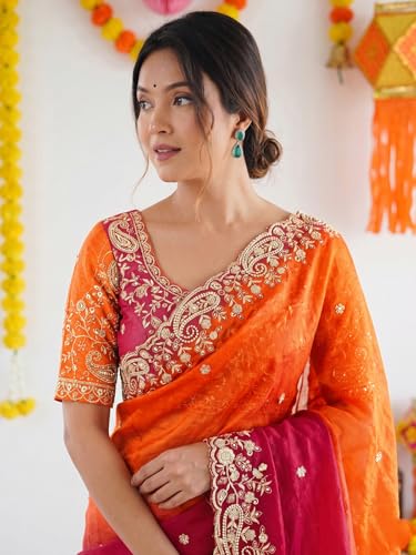Image of SIRIL Women's Shimmer Chiffon Scalloped Border Sequins Embroidery Saree With Unstitched Blouse Piece