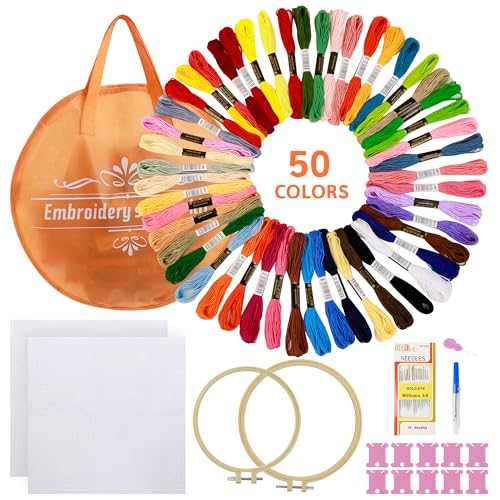 Kit de Démarrage Broderie, 3 Pièces Broder Kits Debutant pour Adultes, Embroidery Starter Kit, 50 Couleurs de Fils à Broder, Cercle Broderie, Tissu Broderie,...