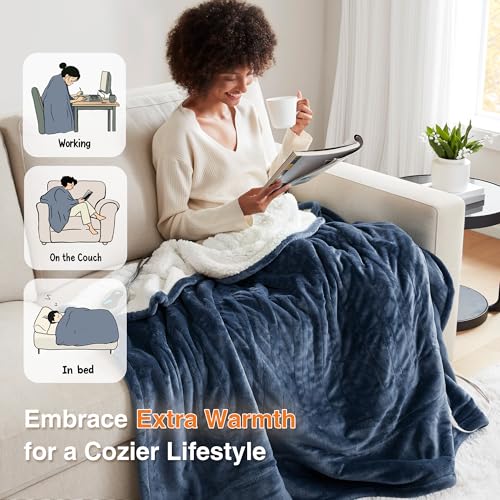 Beautyrest Heated Blanket, Electric Throw Blanket, Soft, Warm, Reversible Plush - Sherpa Heating Blanket Throw, 3 Heat Settings, 2 hr Auto Shut Off, Machine Washable, Oversized 60 in x 70 in, Indigo by Beautyrest - Used condition - Image 3