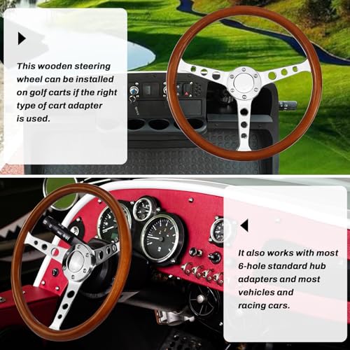 Acclcors Universal Racing/Golf Cart Holzlenkrad, 15 Zoll 6 bolzen Holzmaserung Racing Lenkrad, Klassisches Vintage Nostalgie Stil mit Hupentasten