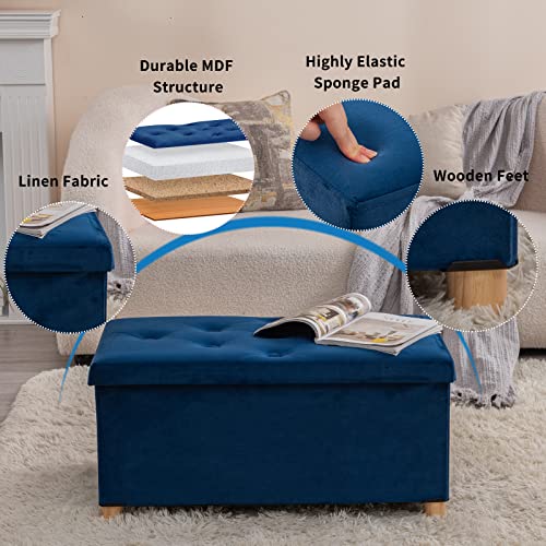Brian & Dany Foldable Storage Ottoman, Flannelette Footrest Stoolseat Cube With Wooden Feet And Lid, 30"X 15"X 15", Blue #TOP4