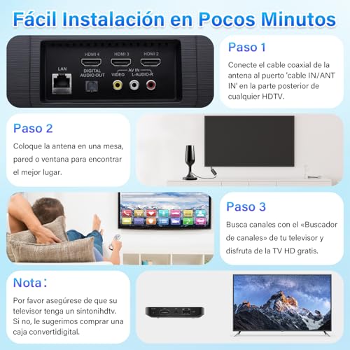 Antena TV Interior Potente TDT, Antena portatil TV Digital Inteligente HD Interior,Soporte 4K 108P Canales Locales, Antenas TV portatile fácil de Instalar, Antena TDT Interior - Cable 9.8ft - imagen 5