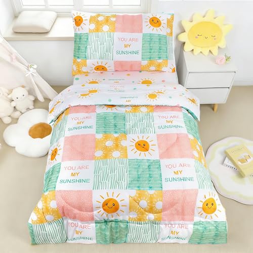 Image of SWESEN Toddler Bedding Set for Boys Girls, Your are My Sunshine Girls Bedding Set, Soft & Lightweight 4 Piece Toddler Comforter Sets Include Comforter, Flat Sheet, Fitted Sheet, Pillowcase