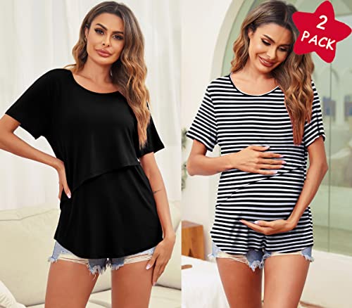 Ekouaer Nursing Tops For Women Maternity Clothes Breastfeeding Shirs Round Neck Short Sleeves Double Layer Pregnancy T Shirts (Black&Black And White Stripe Xl) #TOP3