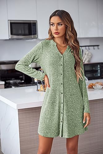 Ekouaer Nightgowns for Women Button Down Night Shirt Long Sleeve Ribbed Knit V-Neck Sleepwear Pajama Dress3