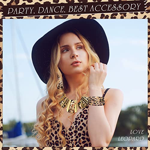 Junkin 3 Pieces Leopard Necklace Earrings Bracelets Leopard Jewelry Set for Women Bohemia Cheetah Print Safari Theme Multi Layer PU Leather Wrist Cuff Wrap Gift Accessories4