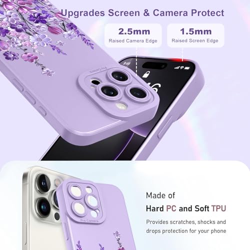Image of Designed for iPhone 16 Pro Max Case Floral for Women Girls, Purple | Cute Oil Painting Flower Pattern Liquid Silicone Phone Case [Full Camera Protection] Slim Soft TPU Protective Cover