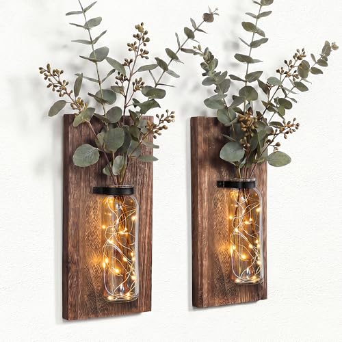 Heiple 2 Pack Wood Glass Wall Sconces, Farmhouse Planters for Indoor Plants, Rustic Decor for Living...
