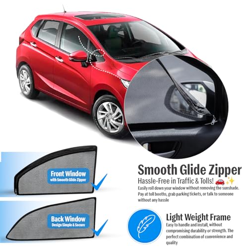Image of Autofact Magnetic Car Sunshades Compatible with Honda Jazz (2015 to 2024) (Set of 4) - Easy Installation, UV Protection, Keeps Car Cool (Front 2 with Zippers for Easy Access, Rear 2 Without Zippers)