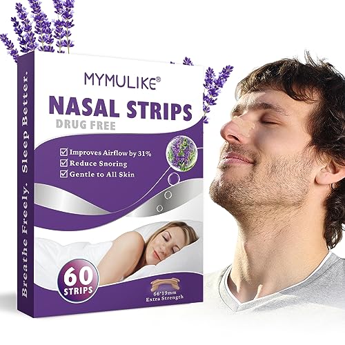 MYMYLIKE Nasenpflaster Besser Atmen 60 Stück, Nasenpflaster Schnarchen Lavendelgeschmack für Besseren Schlaf, Anti Schnarch Nasenpflaster für Sport, Nasenstrips Entlasten Verstopfte Nase (66 x 19mm)