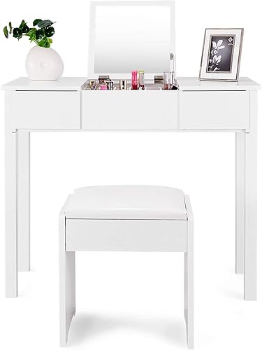 ReunionG - Mesa de tocador con espejo abatible, madera maciza para maquillaje, escritorio de escritura con taburete acolchado, 2 cajones para