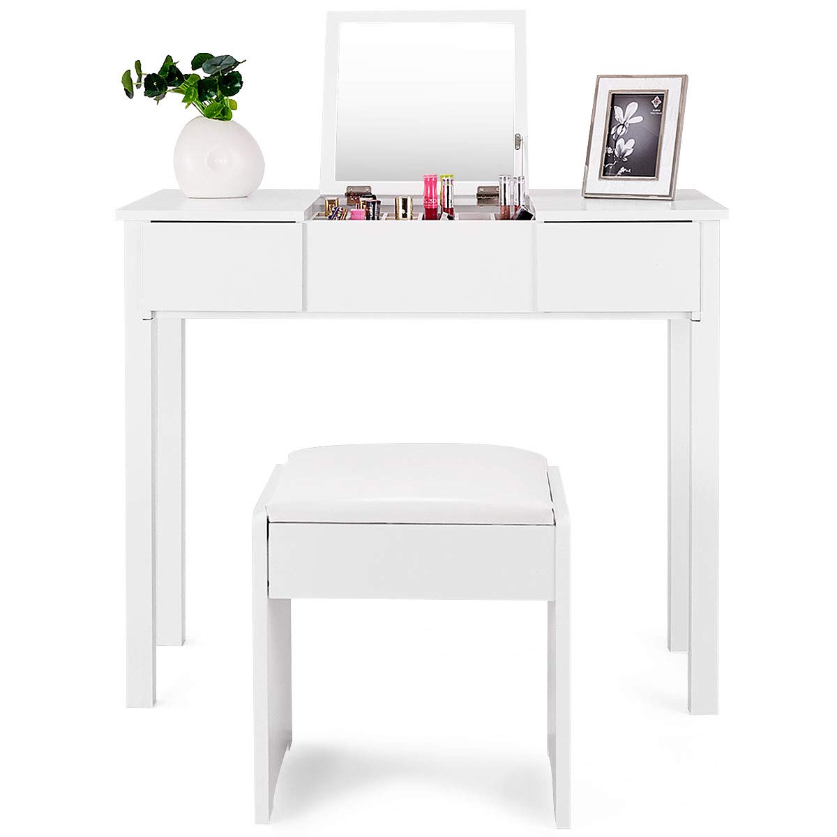 Vanity Table with Flip Top Mirror, Solid Wood Makeup Dressing Table , Writing Desk with Cushioned Stool Set, 2 Drawers for Different Sized Makeup Accessories, Bedroom Bathroom Organizers (White)