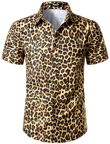 JEMITOP Mens Casual Hipster Leopard Cheetah Print Short Sleeve Button Down Shirt for Summer Party Gold L