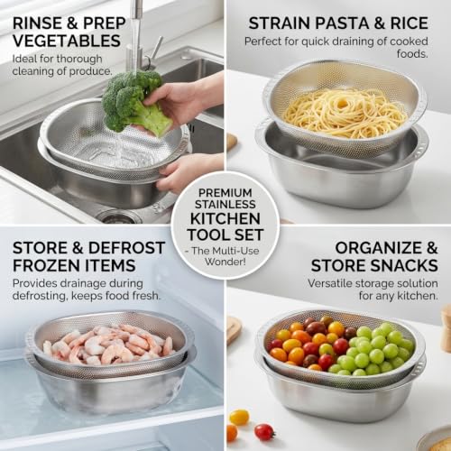 Image of Alark 2 Piece Stainless Steel Microporous Colander Mixing Bowl Set Large Vegetable & Fruit Washing Strainer Basket Rice Pasta Salad Drainer Heavy Duty Dishwasher Safe Kitchen Colander Bowl Combo