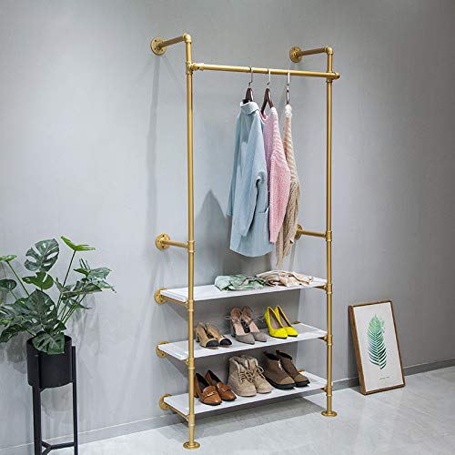 Wgx Design For You Industrial Pipe Clothing Rack Wood Garment Rack Pipeline Vintage Rolling Rack On Wall（Gold） #TOP5
