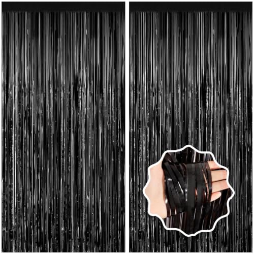 Image of Black Foil Fringe Curtain Party Streamers 2Pack 3.3x8.3 Ft, Black Tinsel Foil Curtain Backdrop Photo Booth Props for Birthday Wedding Bridal Baby Shower Halloween Party Decorations Door Streamers