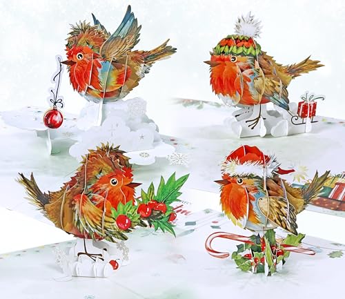 CUTPOPUP 4er Set Rotkehlchen - Weihnachtskarten, Pop Up Karte Weihnachten, Weihnachtskarte für...