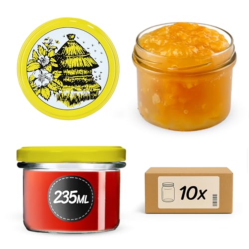 KADAX 10 barattoli per conserve con coperchio a vite, vasetti da 235 ml fi82, piccoli barattoli per marmellate con coperchio, barattoli ermetici da regalare, bicchieri a vite (alveare)