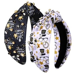 New Year’s Eve Headband for Women New Year Accessories Jeweled Star Clock Top Hat Knotted Headband Rhinestone Crystal Top Knot Hairband Holiday Gifts (2PCS New Year A)