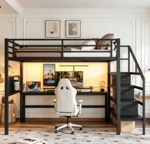 Image of Bellemave Queen loft Bed with Movable Desk and Storage Stairs, Shelves, Metal Loft Beds with LED Lights, USB Ports, Multifunctional Iron Nets for Adults, Kids, Teens, Black