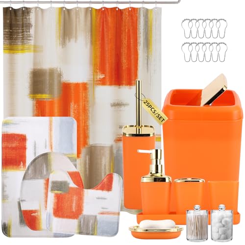 XLHOMO Bathroom Set - Orange Bathroom Accessories Set, Bathroom Sets with Shower Curtain and Rugs, Orange Shower Curtain Set with Bathroom Trash Can, Soap Dispenser, Soap Dish for Home Decor