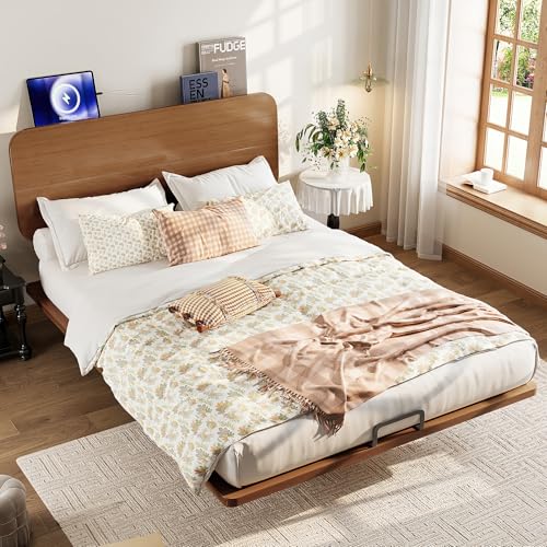 Image of Bellemave Queen Size Bamboo Bed Frame with Headboard,Bamboo Floating Platform Bed Frame Queen Size with Charging Station and Wood Slats,Easy Assembly,Warm Brown