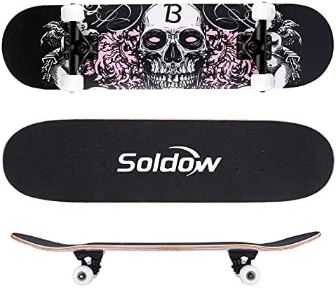 Beginner Skateboard 31 x 8 InchSoldow Complete Skateboard for Kids/ Teens/ Adults 80x20 CM, 7 Layer Canadian Maple Longboard Double Kick Concave Standard Trick Skateboards for Boys and Girls