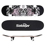 Skateboard Erwachsene 31x8 Zoll für Anfänger, Soldow 7-lagigem Kanadischem Ahornholz Cruiser Skateboard Komplett für Kinder Jugendliche, Skelett Totenkopf Double Kick Deck Concave Skateboard