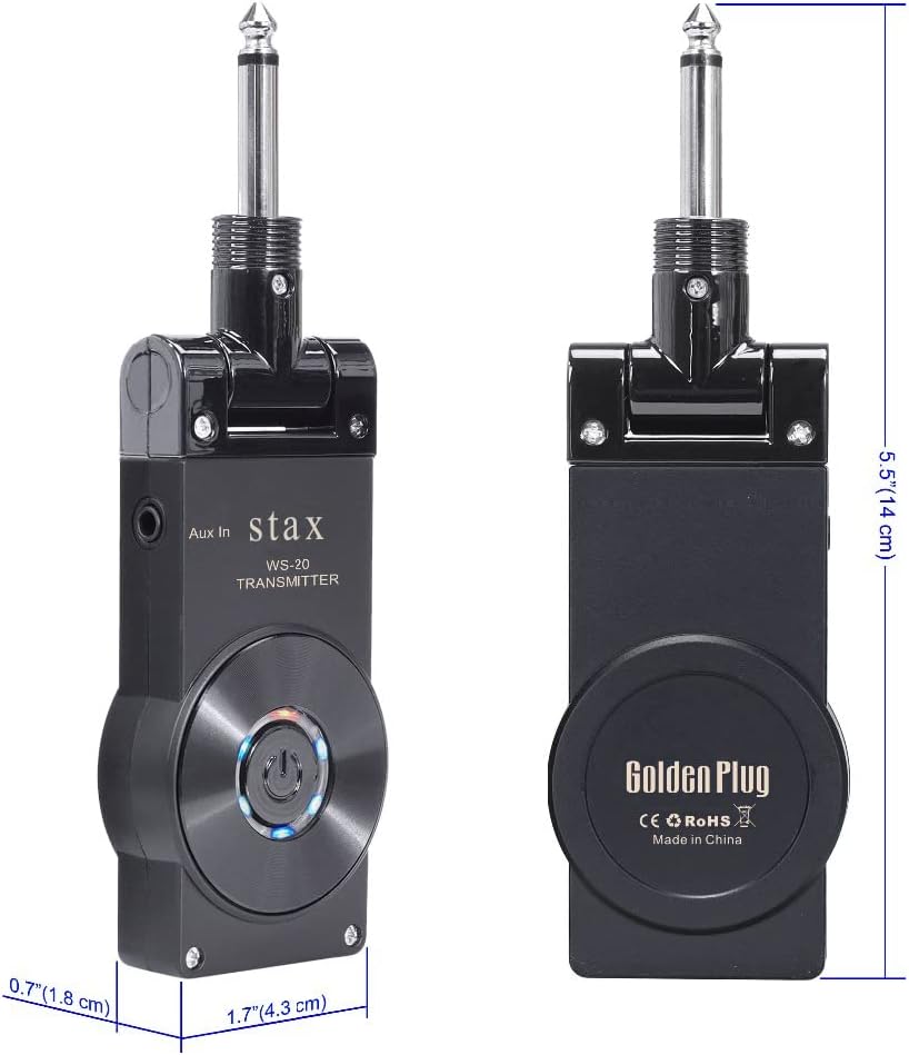Stax Gold Wireless Guitar System Transmitter and Receiver, 2.4GHZ, 30-120ft Range, Low Latency, 5-8hr Battery Life, Fits Electric Guitar, Bass, Violin, Keyboards