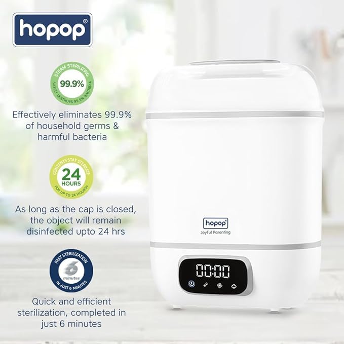 Image of Hopop 2-in-1 Steribub Steam Sterilizer, Dryer and Milk Warmer with Bottle Tong | BPA Free with HEPA Filter & LED Panel | Sterilize upto 8 Bottles & Disinfect Toys, Accessories in 6 Minutes | Auto Shut Off | 1 Year Warranty