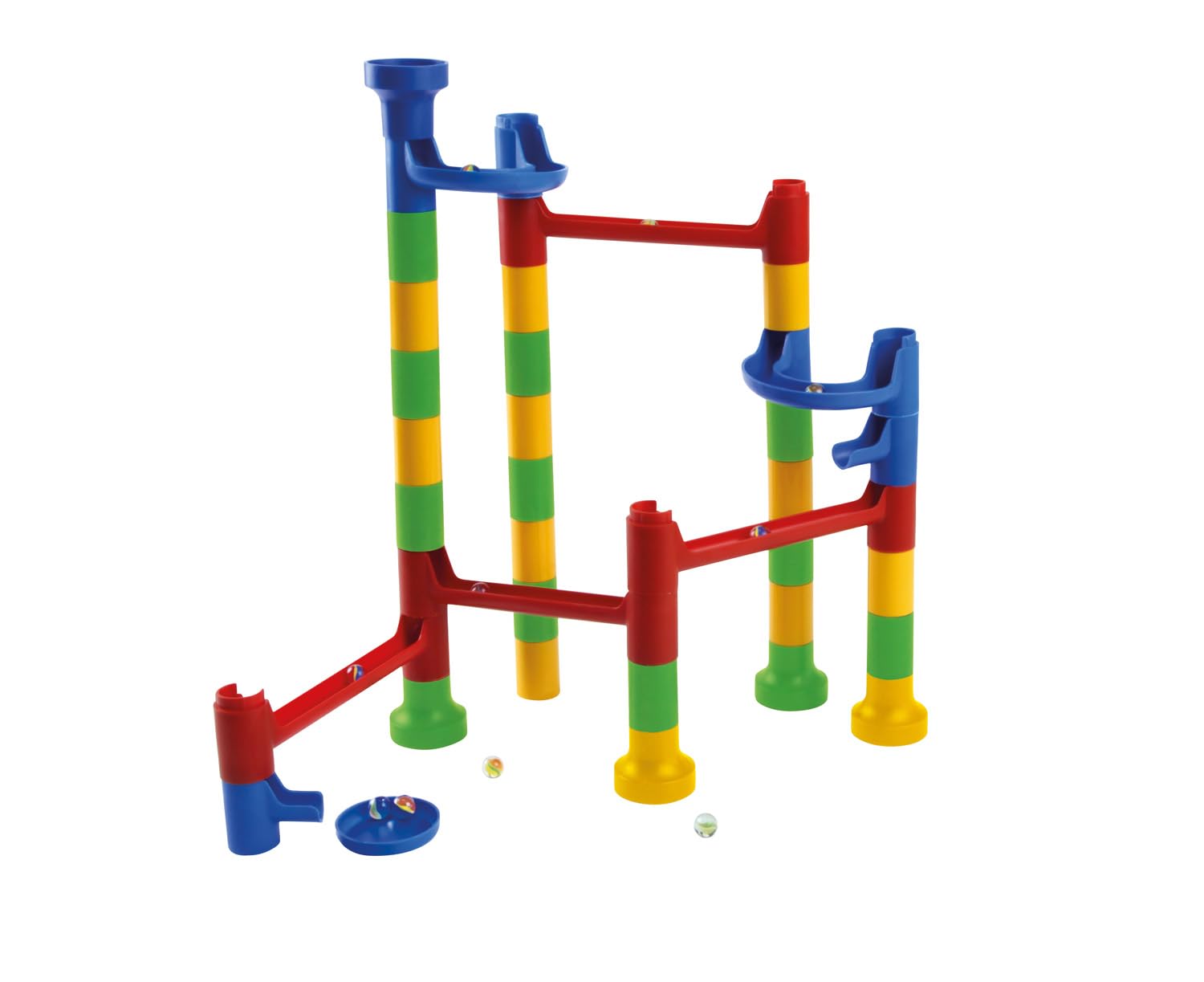 Lena 65289 Cascade Marble Run Building Kit with 32 Railing Elements, 2 Curved Parts and 10 Glass Marbles, Motor Skill and Construction Toys for Children from 3 Years, Colourful