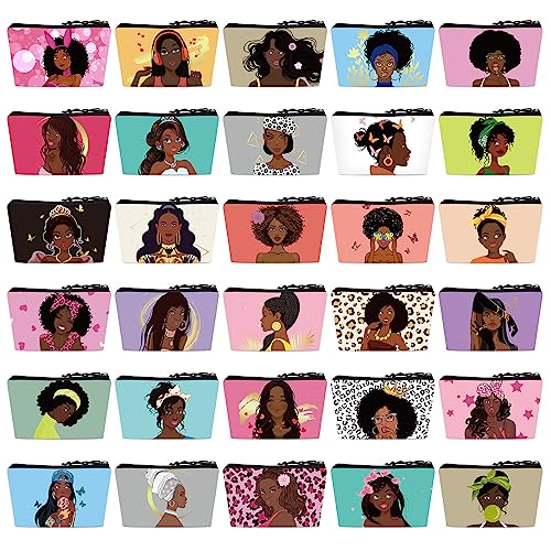 Sweetude 30 Pcs Black Women Cosmetic Bags African American Makeup Bag Reusable Canvas Toiletry Bag Zipper Pouches for Purse Afro Travel Organizer Toiletries Accessories Inspirational Gift
