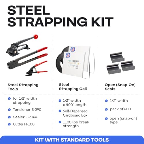 Image of IDL Packaging 1 /2 inch x 400' Steel Banding Strapping Kit, 1100 lbs Break Strength - Premium Heavy-Duty Banding Tool for Pallet Strapping