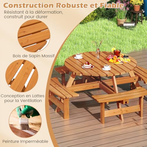 Table de pique-nique en bois circulaire pour 2 à 8 personnes COSTWAY jaune