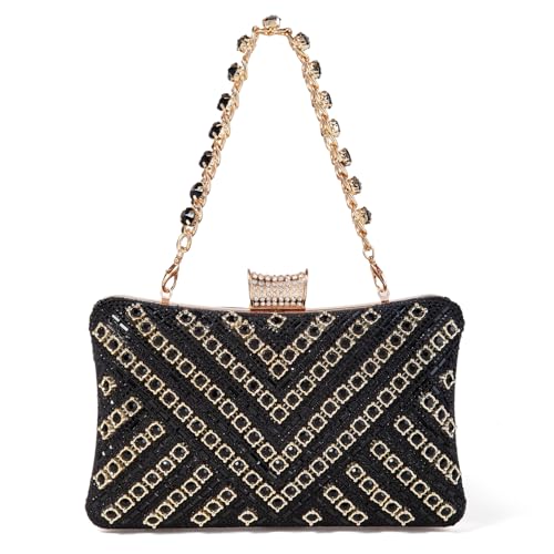 Image of Women Sparkly Rhinestone Clutch with Chains, Glitter Evening Handbag Purse Shoulder Bag for Wedding Party Prom