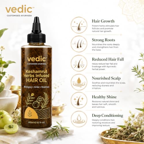 Image of Vedic Keshamrut Herbal Hair Oil with Bhringraj, Amla & Rosemary | Scalp & Hair Nourishing Oil for Regular Oiling & Conditioning | Men & Women | 200 ml