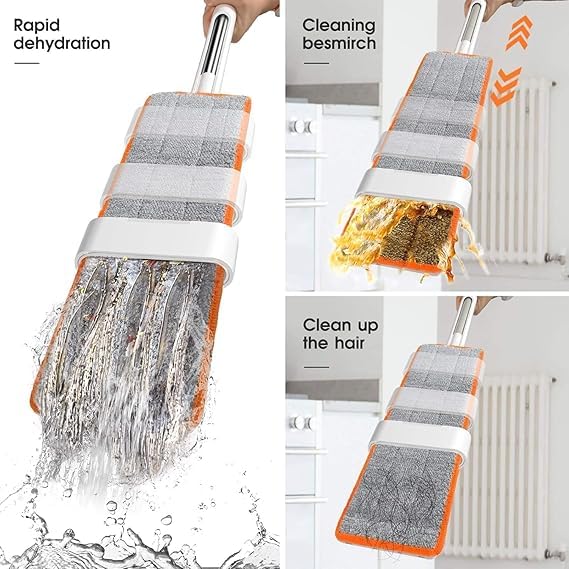 Image of Veloxi Flat Microfiber Magic Mop for Floor Cleaning | Hands-Free Self Squeeze Mop with Stainless-Steel Handle & Washable Microfiber Refill (O Mop)