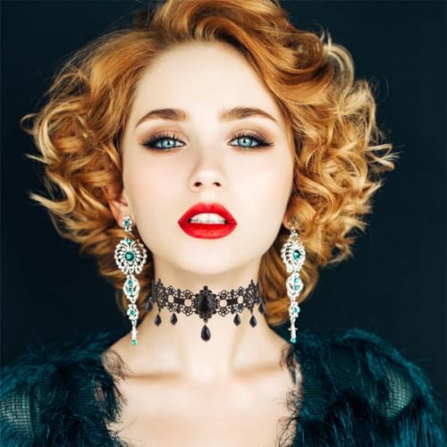 Gothic Halskette Set Schwarz Halsschmuck Damen Spitze Kette Damen Gotisch Choker Zubehör Vintage Halsband Victorian Schmuck für Halloween Pfingsten Maskerade Karneval Fasching Halloween Outfit,2 Stück