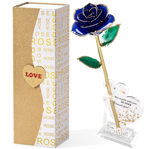 Image of Mikasol Gold Dipped Real 24K Forever Preserved Rose, 1 Pack Infinity Flower Decor Hand Dipped Romantic Gift for Women in Her Wife Girlfriend Birthday Anniversary Valentines Mothers Day Christmas(Blue)