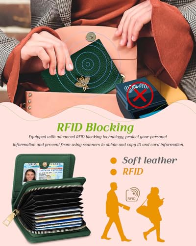 Image of Bistup Leather 12 Slot Accordion Card Holder Wallet, Green Bee | Accordion Storage, Zipper Around Closure, Compact Patterned Wallet for IDs, Cards, Cash, Daily Carry and Gifts