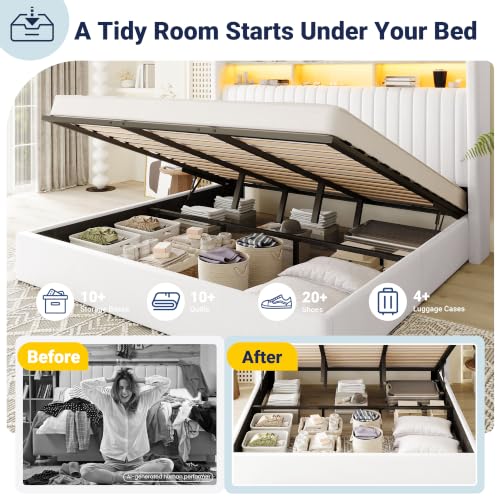 Image of Allewie King Size Lift Up Storage LED Bed Frame, Charging Station, White
