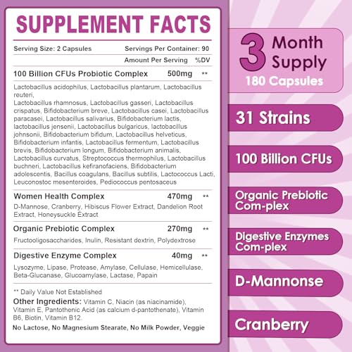 NATURE TARGET Probiotics for Women, 100 Billion CFUs Probiotic with Digestive Enzymes & Prebiotics, Vaginal Probiotics with Cranberry for Urinary Tract Health, pH Balance, 180 Veggie Capsules - Thumbnail 7