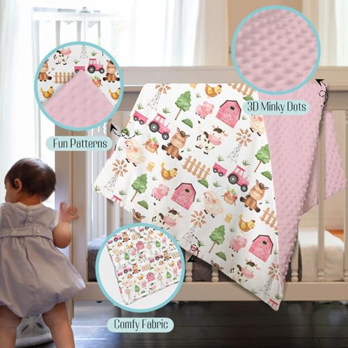 Image of Mink Baby Girl Blanket Farm Life Barn Animal Pink, Cow Horse Sheep Chicken Chick Pig Tractor Double Layer Dotted Backing Receiving Blankets Newborn Infant Toddler Nursery Crib Bedding 30 x 40