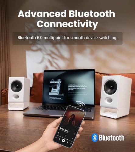 Image of Edifier R20BT Computer Speakers, 2.75 inch Full-Range Drivers, Bluetooth 6.0,Touch Controls, AUX & USB-C Inputs, Headphone Jack, Custom Ambient Light & Sound Profiles via APP- White