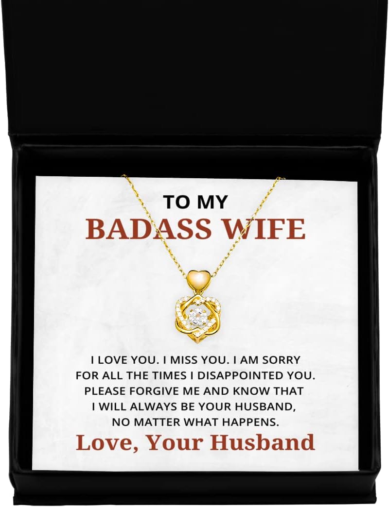 to My Badass Wife Heart Knot Gold Necklace, I am Sorry for All The Times I Disappointed You, Best Birthday Gifts, Engagement Gifts, Wedding Gifts, Valentines Day Gifts from Your Husband