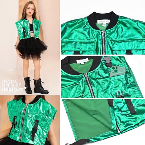 Image of Perfashion Girls Vest Cropped Cargo Metallic Jacket Buckle Zip Up With Pockets Streetwear Outfit 4-13Y