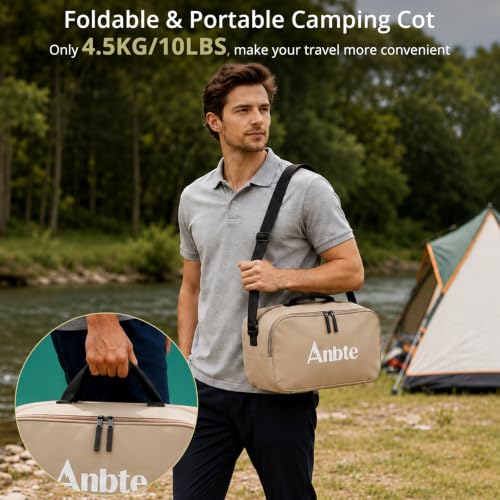Image of Anbte Height Adjustable Camping Cot with Storage Net, Support 400lbs, Brown | Comfortable Portable Cots for Adult, for Camping Hiking Travel Truck Beach Office Nap, With Storage Bag
