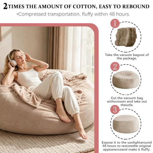 Image of 6FT,jumbo bean bag chair for adults,bean bag with filler included,Comfortable and soft flannel cover, removable and washable, oversized bean bag, suitable for living room and bedroom.(Apricot, 6 Foot)