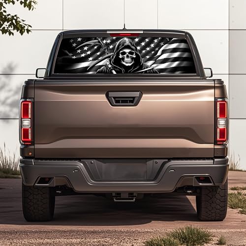 Image of Rear Window Decals for Trucks - 65x17.3 in Back Window Decals Fit Most Pickup Trucks SUV, Vinyl American Skull Flag Back Window Decal for Car Personalized Decoration - Skull Decal-6-S